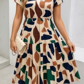 Kadın Kısa Kollu Bisiklet Yaka Desenli Fırfırlı Süprem Elbise