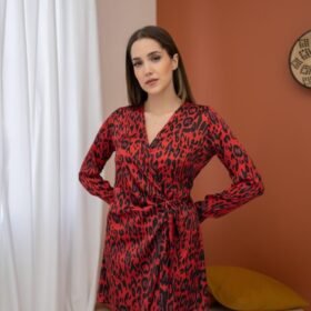 Kırmızı Leopar Desenli Saten Elbise