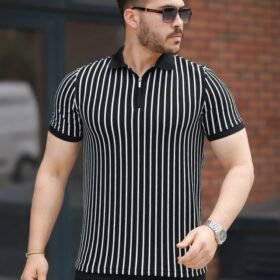 Erkek çizgili Fermuar Yakalı Kısa Kollu Tişört