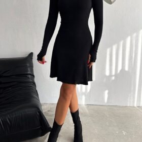 Kadın V Yaka Uzun Kollu Sırtı Ayarlanabilir Kopça Detay Kaşkorse Mini Elbise