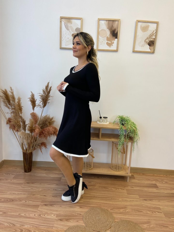 Kadın Uzun Kollu Derin Yuvarlak Yakalı Kısa Viskon Iki Iplik Elbise - Görsel 2