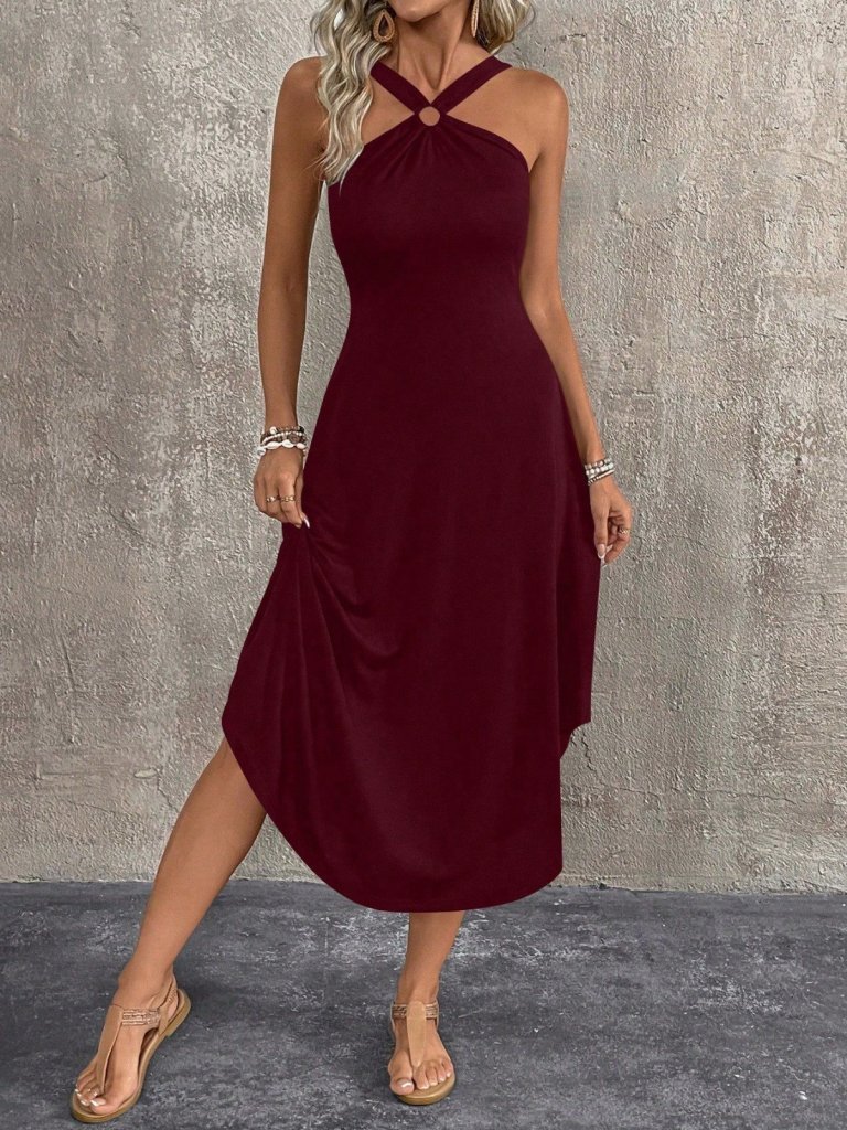 Kadın Boyundan çapraz Askılı Halka Detaylı Asimetrik Kesim Viskon Elbise - Görsel 4