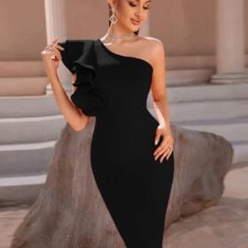 Kadın Tek Omuzu Açık Diğer Omuz Volan Detay Midi Ithal Krep Elbise