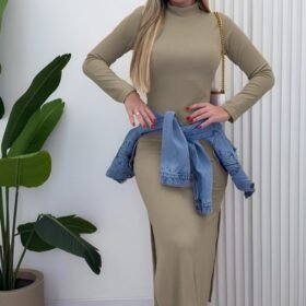 Kadın Uzun Kollu Balıkçı Yakalı Yanlardan Yırtmaçlı Kaşkorse Maxi Elbise