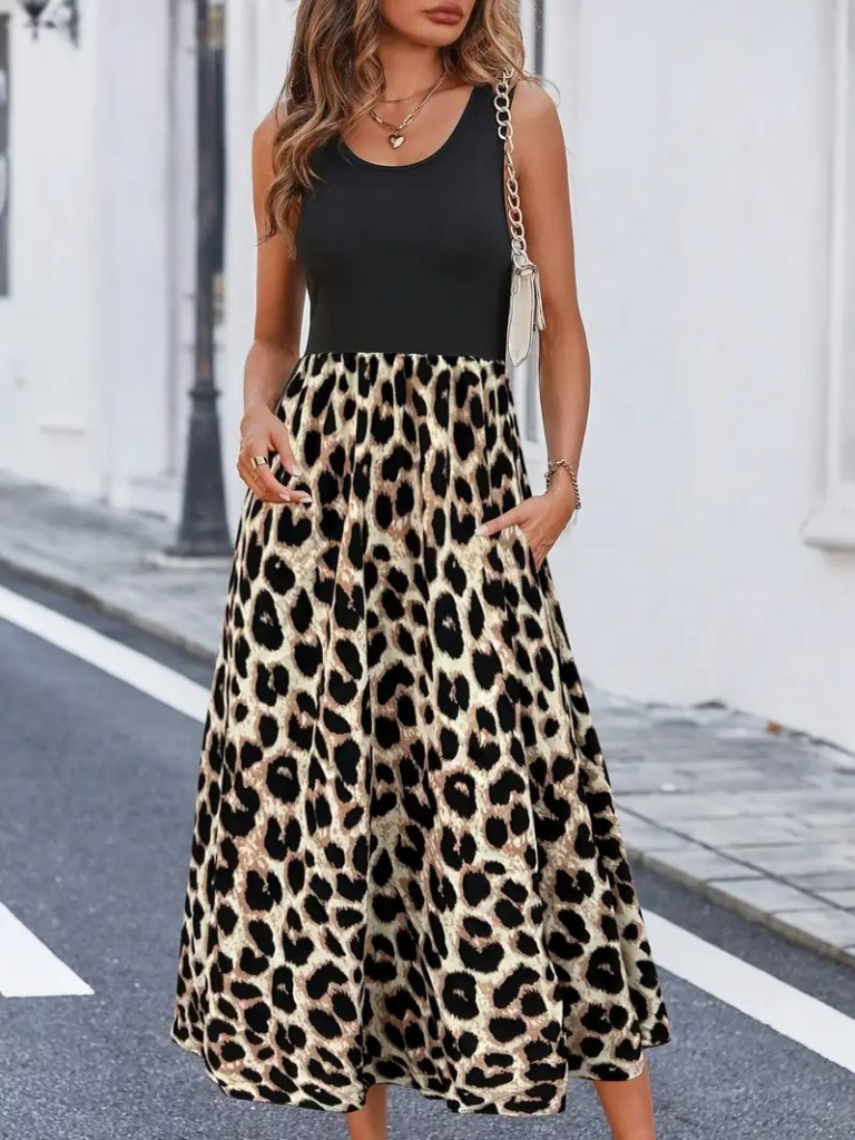 Kadın Askılı Yuvarlak Yaka üst Viskon Alt Leopar Desenli Süprem Uzun Elbise - Görsel 3