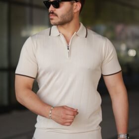 Erkek Fermuar Yakalı çizgi Dokulu Kısa Kollu Tişört