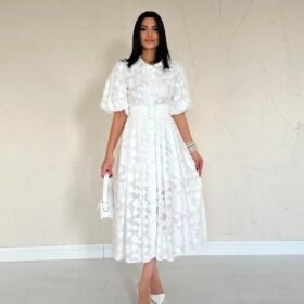 Ekru Kemerli Balon Kollu Elbise