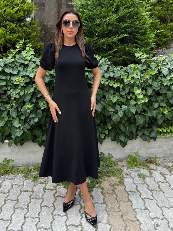 Kadın Kısa Balon Kollu Bisiklet Yaka Geniş Kesim Janjan Krep Elbise - Görsel 4