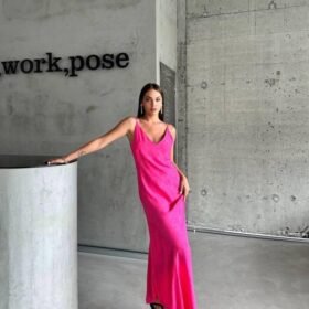 JAKARLI ASKILI SATEN ELBİSE ASİMETRİK - Pembe