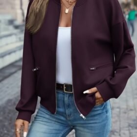 Kadın Uzun Kollu önden Fermuarlı Cepli Modal Mürdüm Ceket