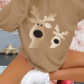 Kadın Uzun Kollu Bisiklet Yaka Geyik Desenli Viskon Iki Iplik Bluz