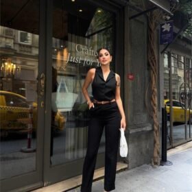 KETEN DUBLE PAÇA DERİ TABA KEMERLİ PANTOLON - Siyah