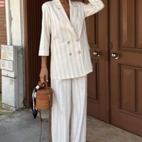 Blazer Ceketli Çizgili Keten Takım 10186