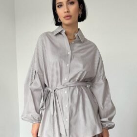 Kahverengi Çizgili Poplin Kuşaklı Gömlek