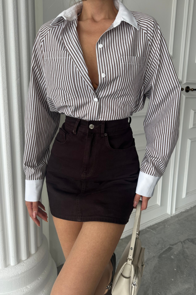 YAKA VE MANŞET BEYAZBOYFRİEND ÇİZGİLİPOPLİN GÖMLEK - Kahverengi - Görsel 2