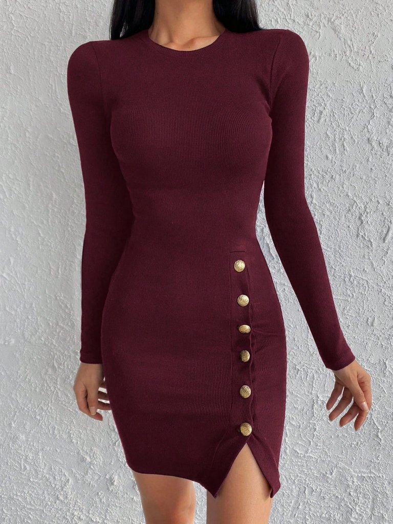 Kadın Bordo Uzun Kollu Bisiklet Yaka Yan Yırtmaç Düğme Detay Kısa Kaşkorse Elbise - Görsel 4