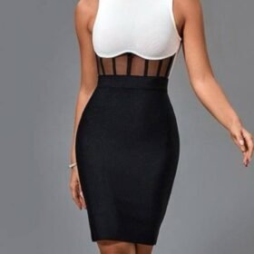 Kadın Bisiklet Yaka Kolsuz çift Renk Ve Bel Transparan Korse Detay Midi Boy Elbise