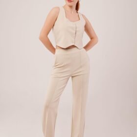 Kalın Askılı Düğmeli Yelek Ve Pantolon Bej Takım