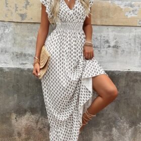 Kadın Kısa Kelebek Kollu Kruvaze Yakalı Desenli Süprem Elbise