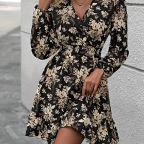 Kadın Uzun Kollu Kruvaze Yaka Beli Gipeli çiçek Desenli Kısa Dalgıç Elbise