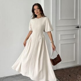 Bej Arkadan Bağlamalı Büzgülü Keten Elbise