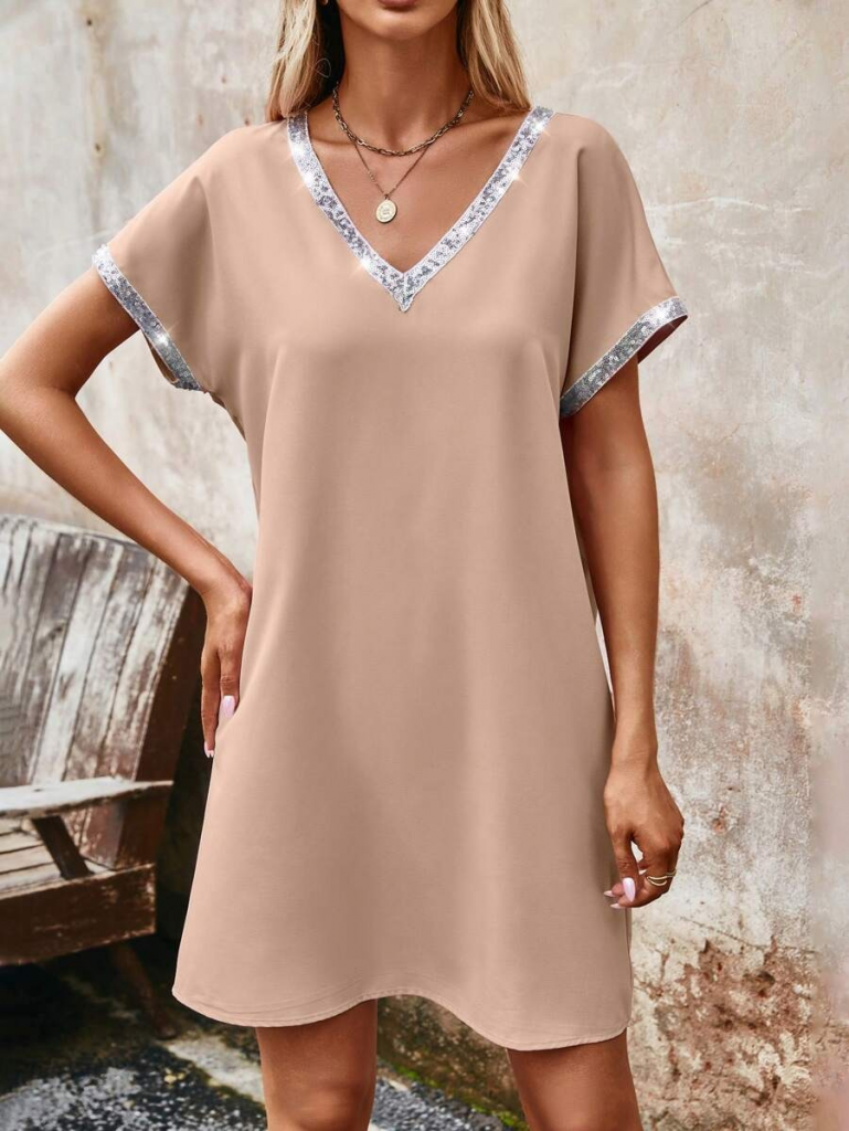 Kadın Yaka Ve Kol Pul Payet şeritli Ithal Krep Elbise - Görsel 2