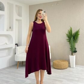 Kadın Askılı Yuvarlak Yakalı Asimetrik Kesim Detaylı Viskon Elbise