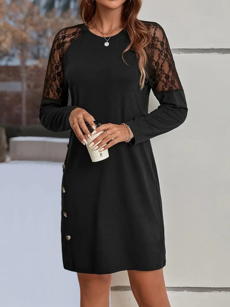 Kadın Uzun Kollu Kolları Dantelli Yuvarlak Yandan Düğme Detay Yaka Viskon Iki Iplik Elbise - Görsel 2