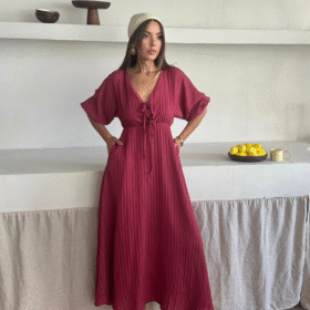 V YAKA DÖKÜMLÜ ELBİSE - Pembe