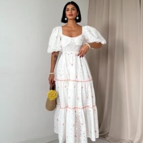 Pudra Dantel Detaylı Brode Elbise