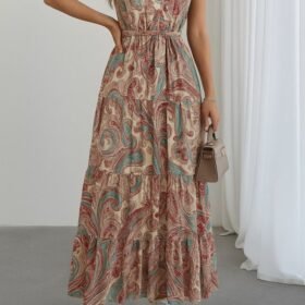 Kadın Halter Yakalı Omuzlardan Açık Kuşaklı Maksi Boy Desenli Süprem Elbise