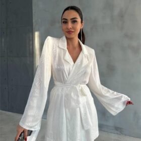 VİSKON JAKARLI BAĞLAMALI GÖMLEK - PANTOLON TAKIM - Beyaz