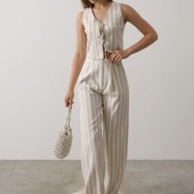 Çizgili Yelek Takım - Beyaz-Taş