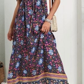 Kadın Kısa Kollu Beli Lastikli çiçek Desen Tam Boy Elbise