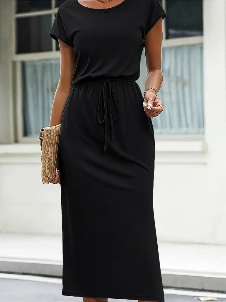 Kadın Kısa Kollu Yakası Açık Belden Kuşaklı Yandan Yırtmaçlı Midi Viskon Elbise - Görsel 2