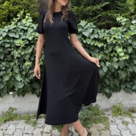 Kadın Kısa Balon Kollu Bisiklet Yaka Geniş Kesim Janjan Krep Elbise