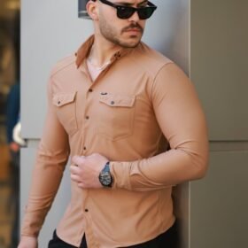 Erkek çift Cepli çıtçıt Düğmeli Uzun Kollu Gömlek