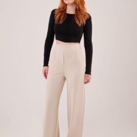 Yüksek Bel Bol Paça Krep Krem Pantolon