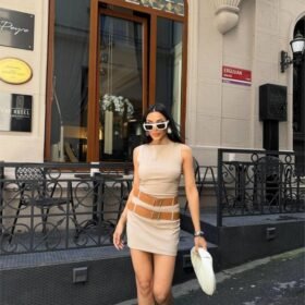 POLYVİSCON ÇİFT KEMER DETAYLI ELBİSE - Bej