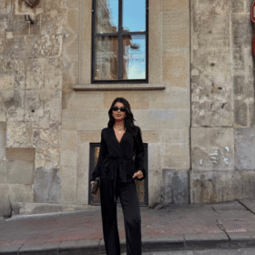 SATEN KRUVAZE BAĞLAMALI BLUZ- PANTOLON TAKIM - Siyah