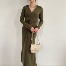 Haki Büzgülü Triko Balık Elbise