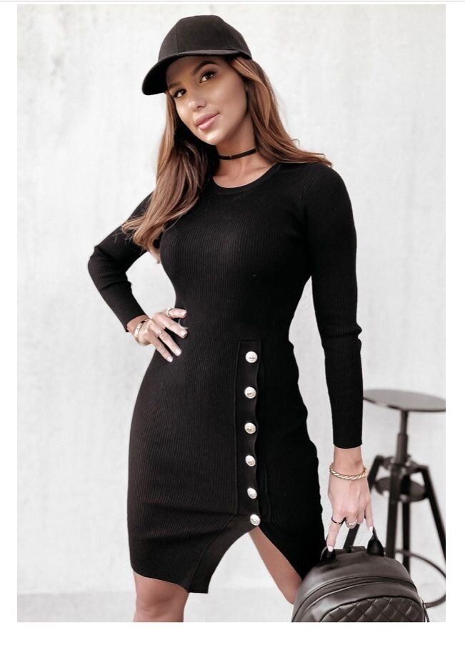 Kadın Siyah Uzun Kollu Bisiklet Yaka Yan Yırtmaç Düğme Detay Kısa Kaşkorse Elbise - Görsel 3