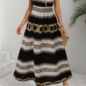 Kadın Kısa Kollu Kruvaze Yakalı Beli Lastikli Desenli Maksi Boy örme Krep Elbise