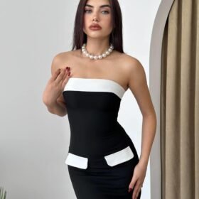 Cep Detaylı Straplez Elbise