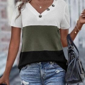 Kadın Kısa Kollu V Yakalı Düğmeli Waffle Bluz