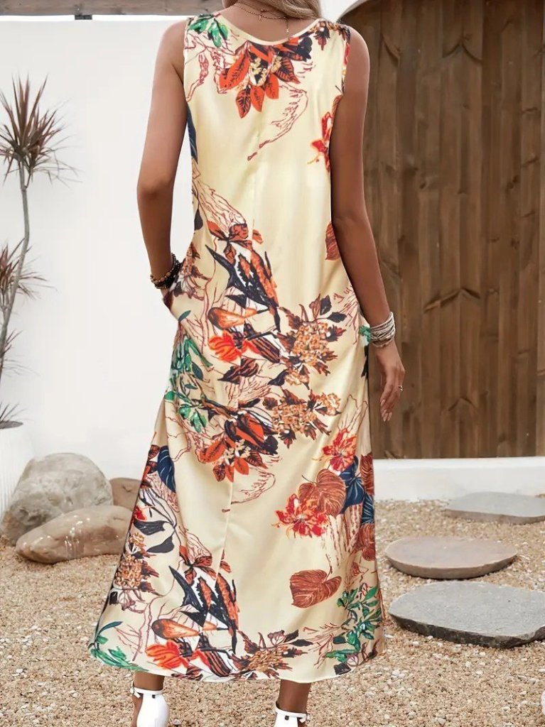 Kadın Askılı Yuvarlak Yaka Cepli Desenli Süprem Elbise - Görsel 3