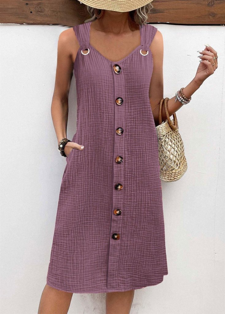 Kadın Askılı V Yakalı önden Düğmeli Narin Elbise - Görsel 3