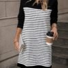 Kadın Bisiklet Yaka Uzun Kol çizgili Iki Iplik Kumaş Mini Boy Elbise