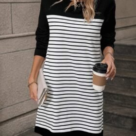 Kadın Bisiklet Yaka Uzun Kol çizgili Iki Iplik Kumaş Mini Boy Elbise