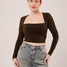 Kare Yaka Basic Kahverengi Bluz